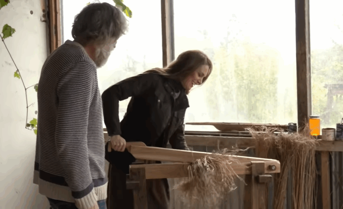 Princess of Wales tries the flax brake on visit to Mallon Farm in Northern Ireland