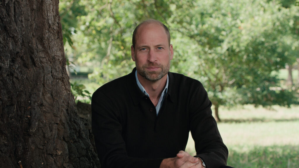 Prince William, wearing a blue pullover and blue shirt, looks into the camera for a close up portrait