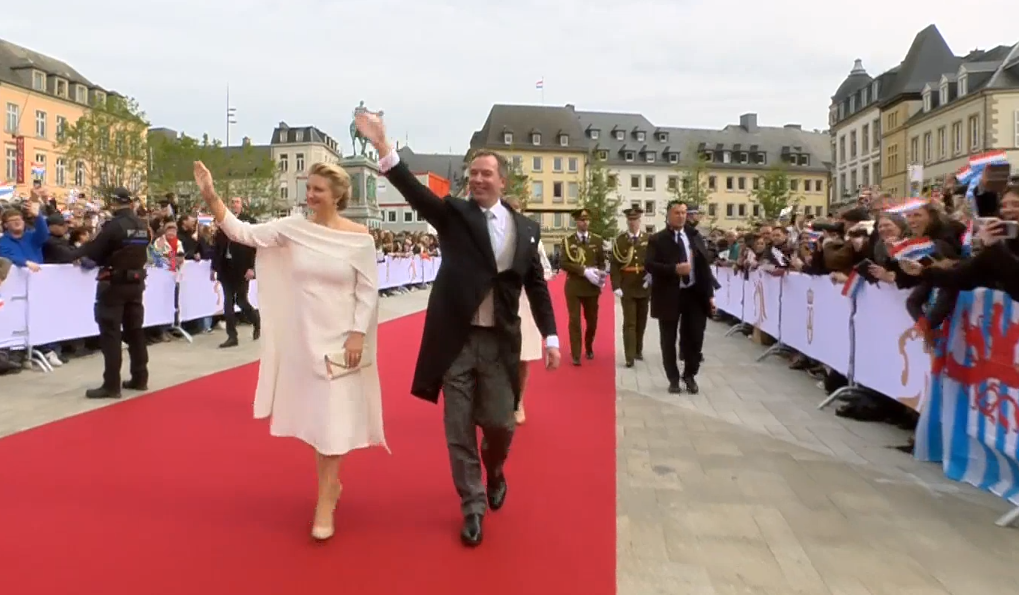 Grand Duchess Stephanie of Luxembourg wears white for a civic reception following her husband's accession to the throne