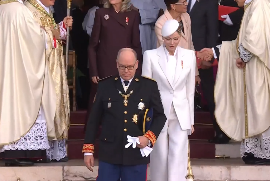 Princess Charlene wears a white suit