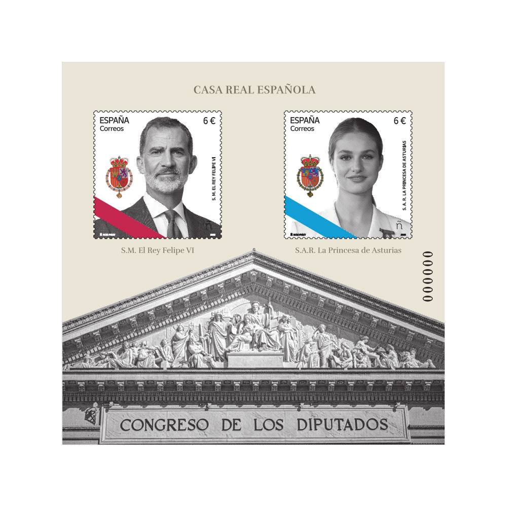 A black and white montage of stamps showing King Felipe and Princess Leonor of Spain