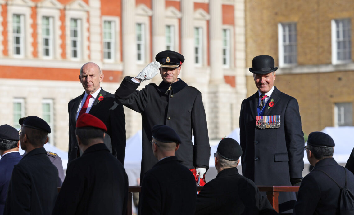 The Duke of Edinburgh salutes at the Veterans march past on Remembrance Sunday