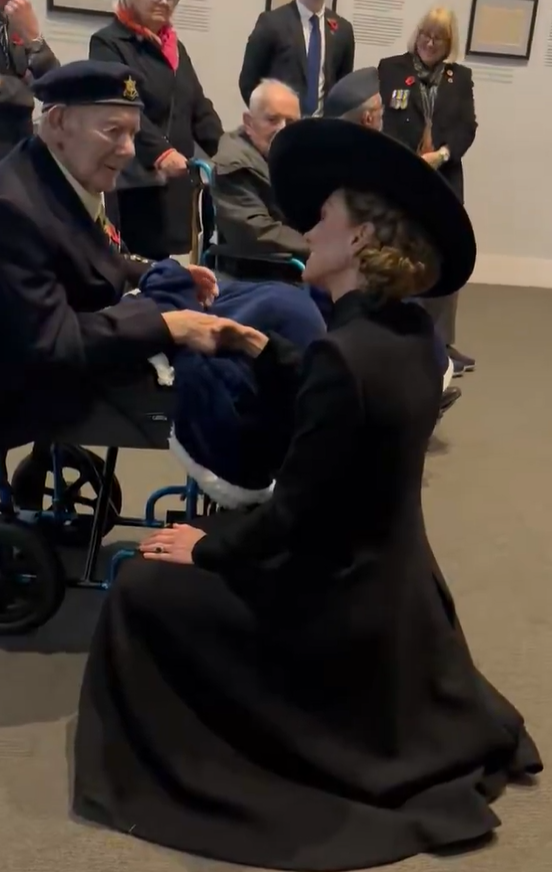 The Princess of Wales kneels before a veteran on Armistice Day