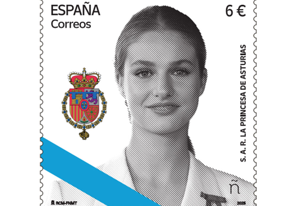 A stamp from Spain showing Princess Leonor who is pictured in black and white on a white background