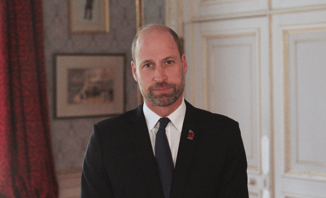 Prince William, The Prince of Wales wears a red poppy badge to deliver a message on Armistice Day