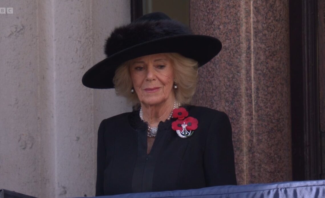 Queen Camilla watches the Remembrance Sunday service at the Cenotaph