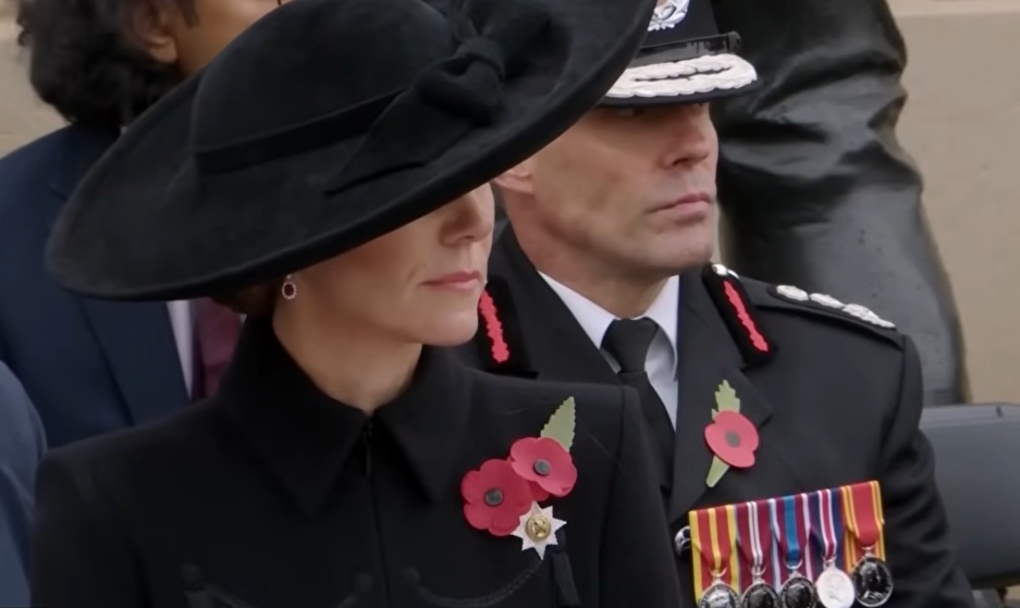 The Princess of Wales looks to a memorial during a service on Armistice Day