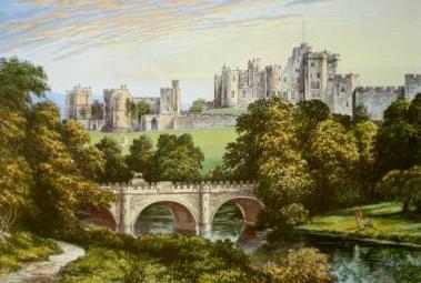 Alnwick Castle is seen from the distance in a painting