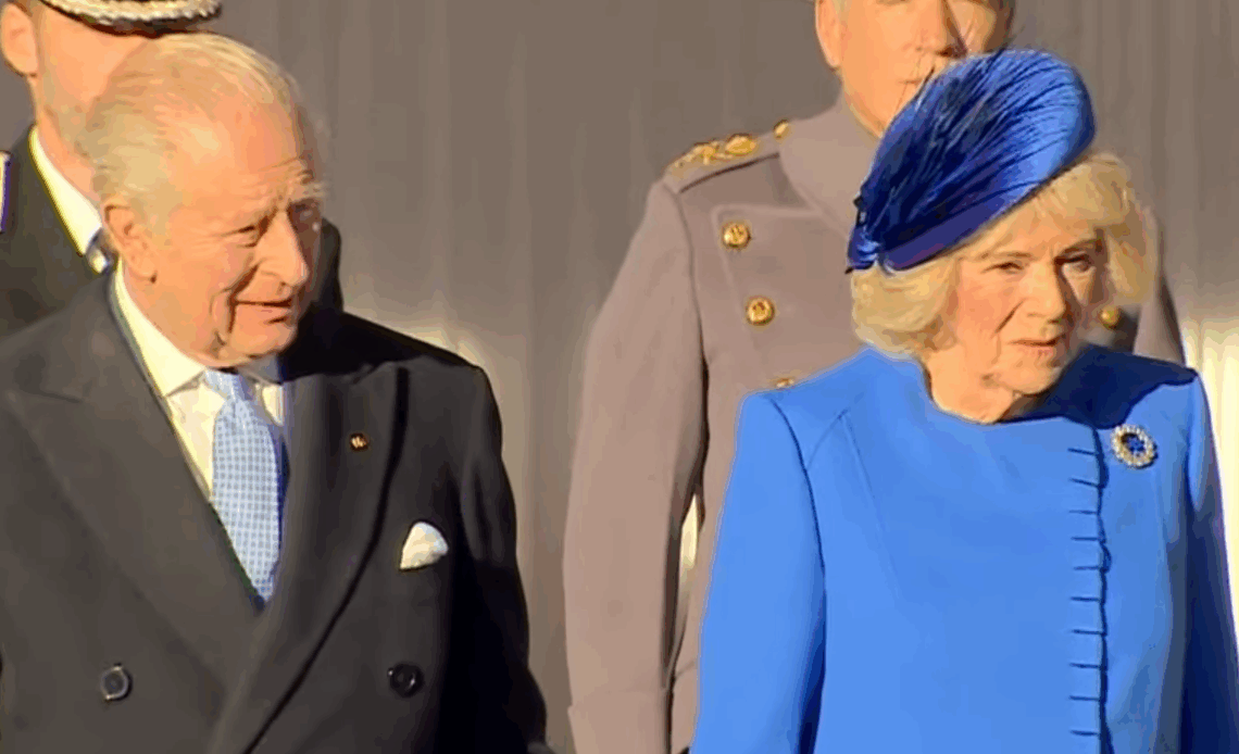 Queen Camilla wearing one of the most historic royal jewels, Queen Victoria's sapphire brooch