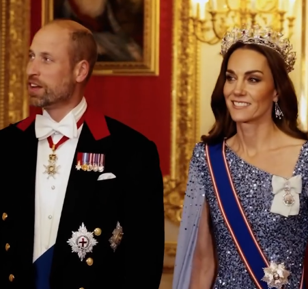 The Princess of Wales in a bright blue sequinned dress and diamond and ruby tiara