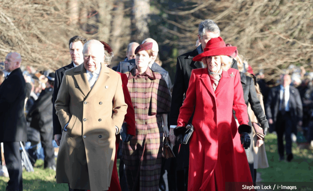 King Charles, in a camel coat, and Queen Camilla in bright red, walk to church on Christmas morning