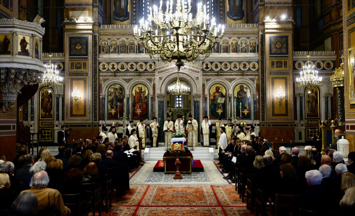 The coffin of Princess Irene of Greece stands in the centre of Athens Metropolitan Cathedral during her funeral service