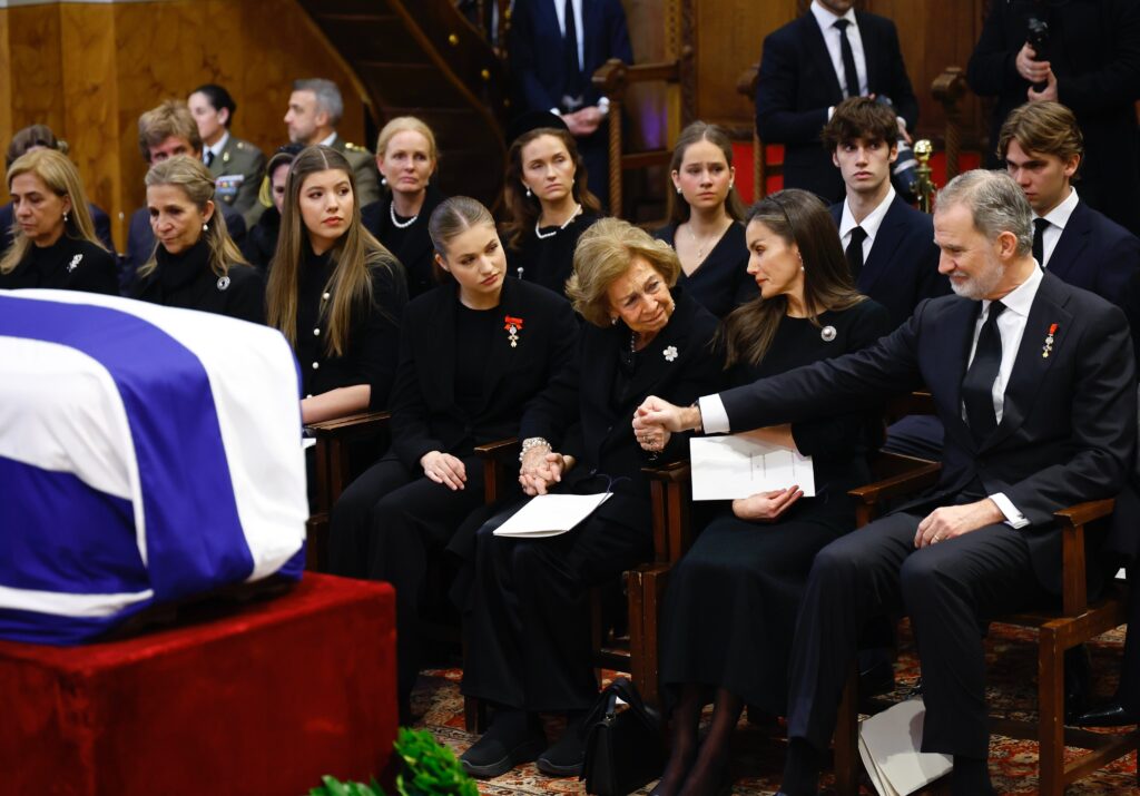 King Felipe consoles his mother, Queen Sofia, at the funeral of Princess Irene