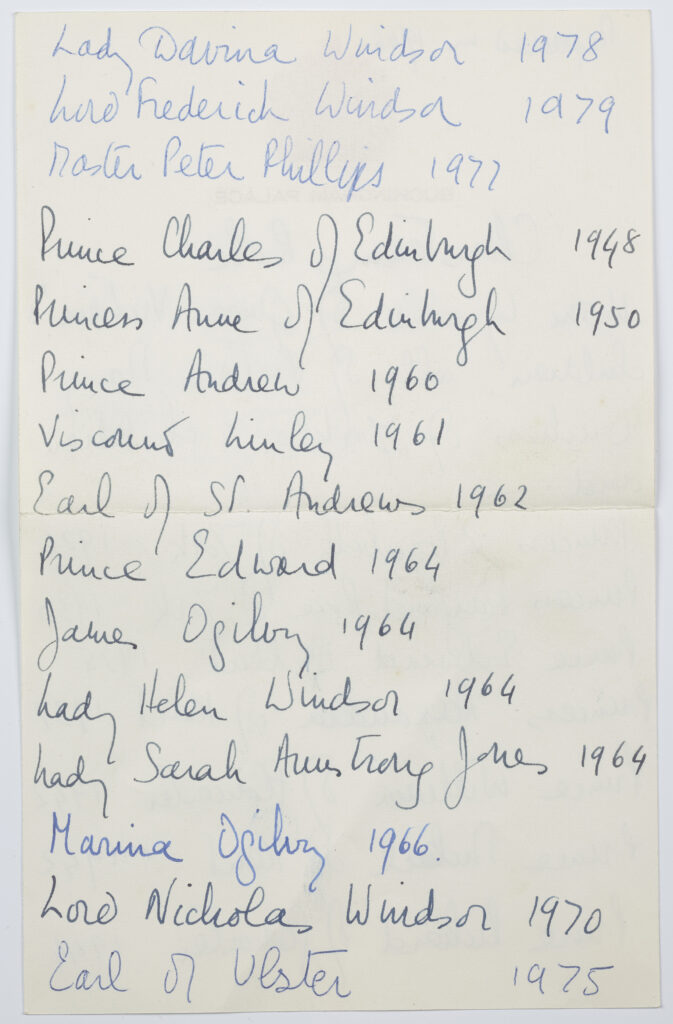 A handwritten note of all the royal babies who have worn the royal christening gown