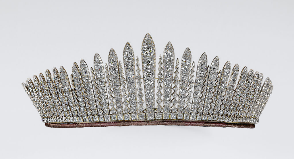 A close up view of the Queen Mary fringe tiara 