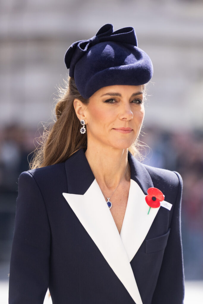 The Princess of Wales wears a navy blue coat with white lapels