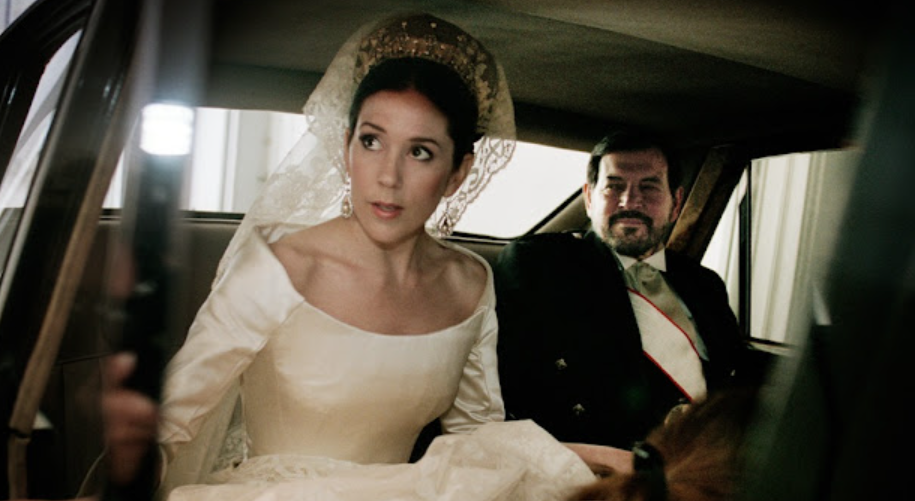 Queen Mary of Denmark with her father, John Donaldson, on her wedding day