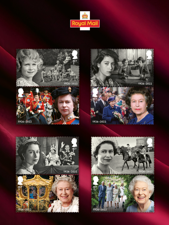 A page of eight stamps marking the centenary of Queen Elizabeth II