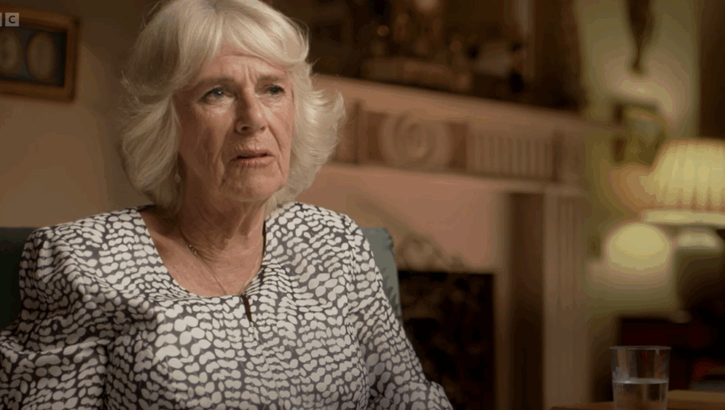 Queen Camilla wears a black and white dress