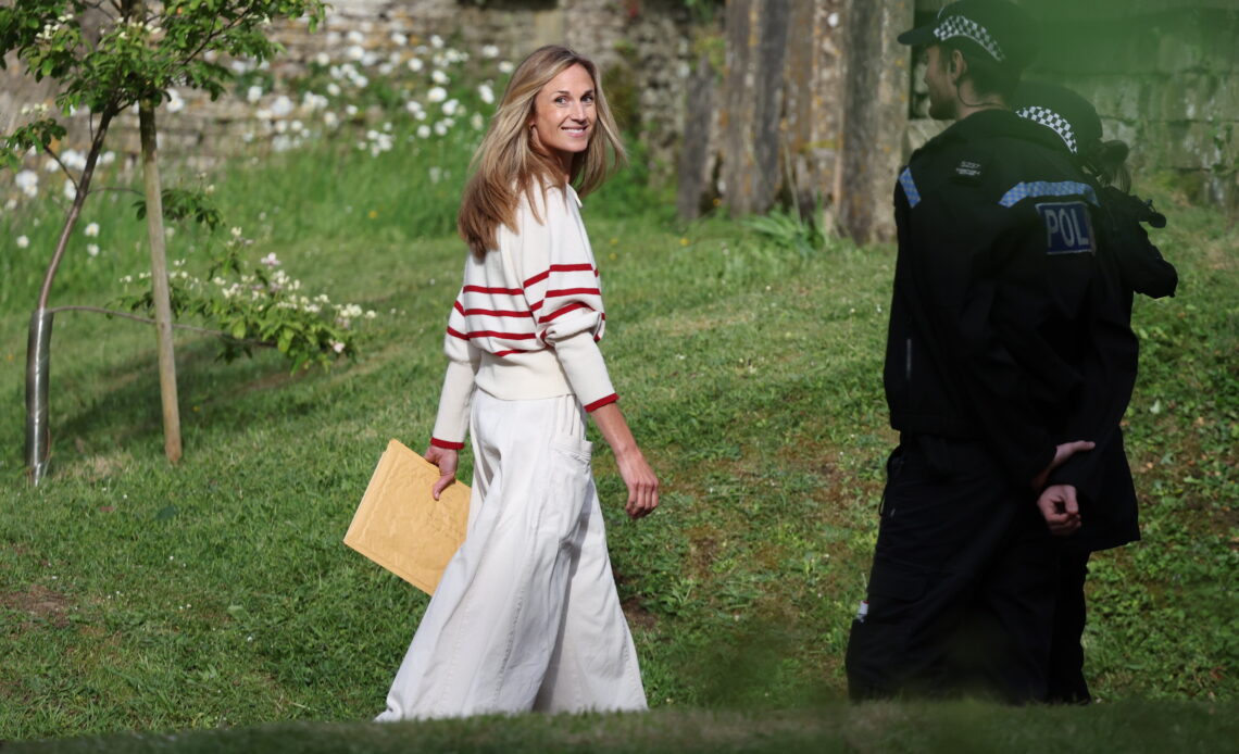Harriet Sperling wears a white and red striped jumper