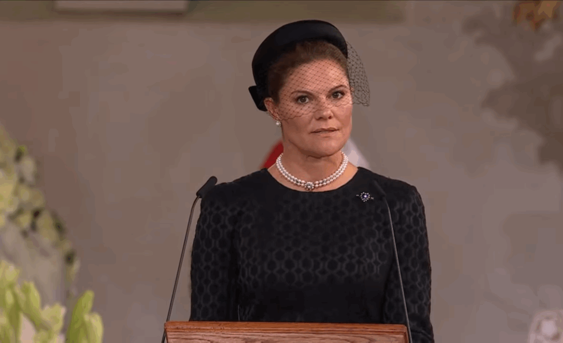 Crown Princess Victoria says a prayer at godfather King Harald's funeral